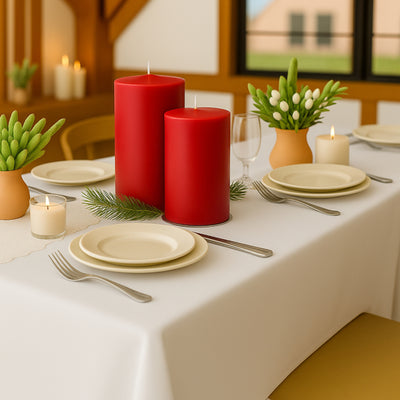 Red candles on a dining table with greenery and decorative elements.