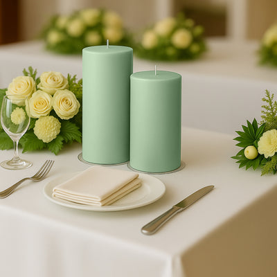 Green decorative candles on a dining table with floral arrangements.