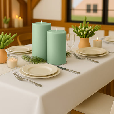Green candles on a dining table with plates and plants, creating a cozy atmosphere.