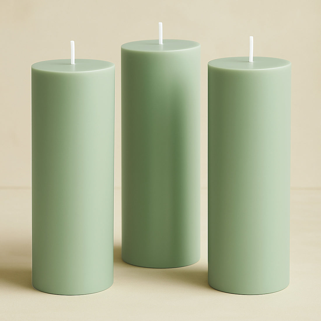 Green pillar candles in varying heights on a beige background.