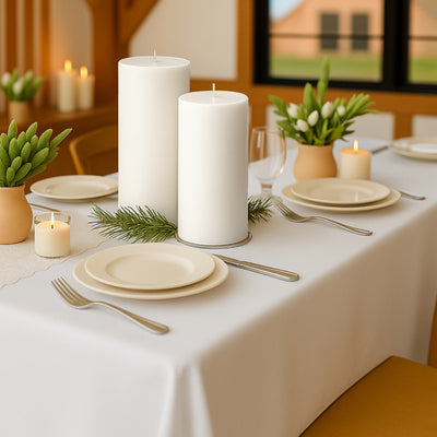 Elegant dining table set with candles and decorative plants for a cozy atmosphere.