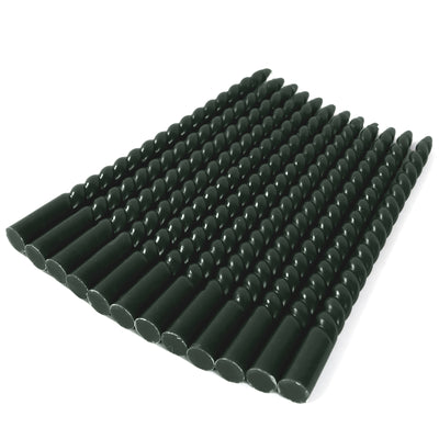 Black spiral garden stakes arranged in a row.