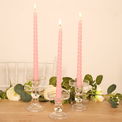 12-Pack Taper Candles 11" Spiral Long Burn Wick Design Pink - Premium Unscented Wax Dinner Candle Sticks