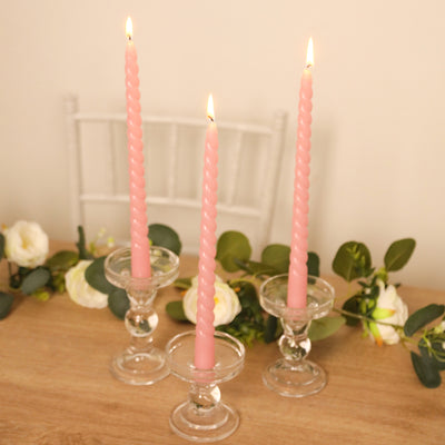12-Pack Taper Candles 11" Spiral Long Burn Wick Design Pink - Premium Unscented Wax Dinner Candle Sticks