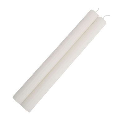 Two white candles on a plain white background.