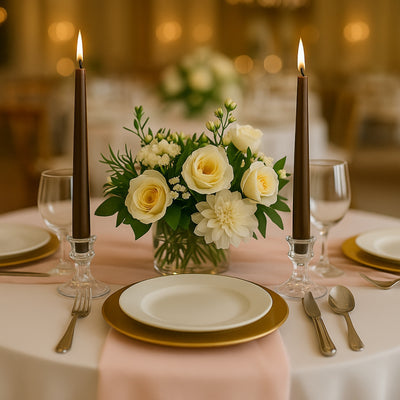 Elegant table setting with a floral centerpiece and candles.