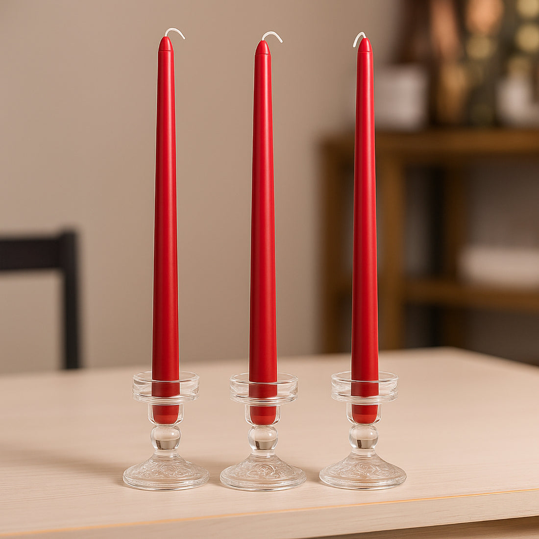 Three red taper candles in glass holders on a table.