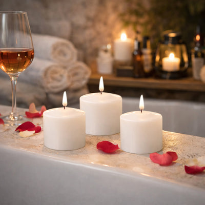 Three white candles surrounded by rose petals in a relaxing bathroom setting.