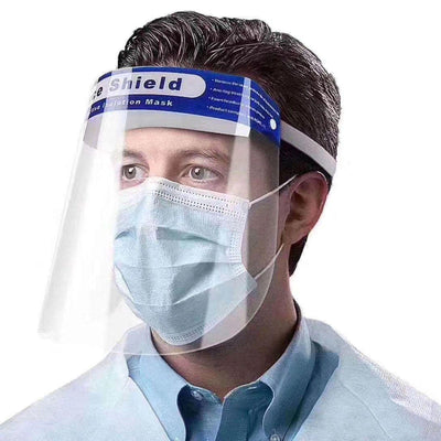 Man wearing a face shield and mask for protection against germs.