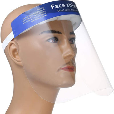 Face shield displayed on a mannequin head for personal protective equipment.