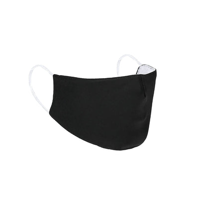 Black fabric face mask with white ear loops