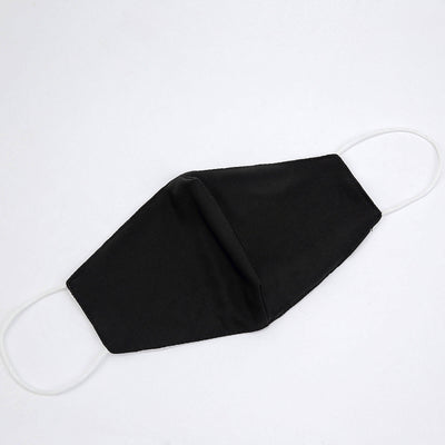 Black fabric face mask with white ear loops