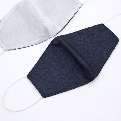 Two reusable fabric face masks in gray and navy blue on a white background.
