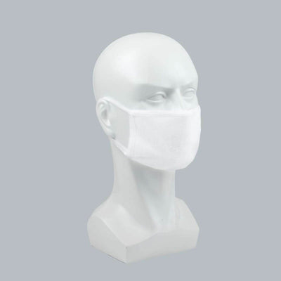 White face mask displayed on a mannequin head.