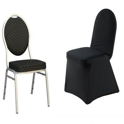 Black upholstered banquet chairs with decorative patterns and fitted covers.