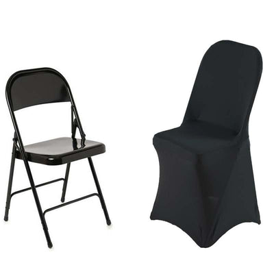 Black folding chair and chair cover on white background