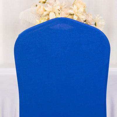 Blue chair cover with a smooth finish against a soft floral background.