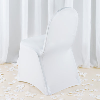 White chair cover with fitted design, ideal for event decor.