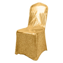 Banquet Spandex Fitted Chair Cover in Metallic Spandex and Shimmer Tinsel Spandex, Gold Color, Standard Banquet Style, 4-Ways Stretch, Wrinkle and Stain Resistant#whtbkgd
