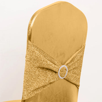 Indulge in Opulence with the Metallic Gold Shimmer Tinsel Spandex Chair Cover