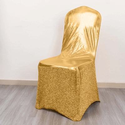 Gold chair cover with sparkling texture for events and celebrations.