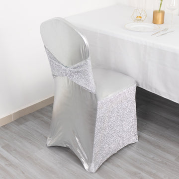 Elevate Your Event with the Metallic Silver Shimmer Tinsel Spandex Banquet Chair Cover