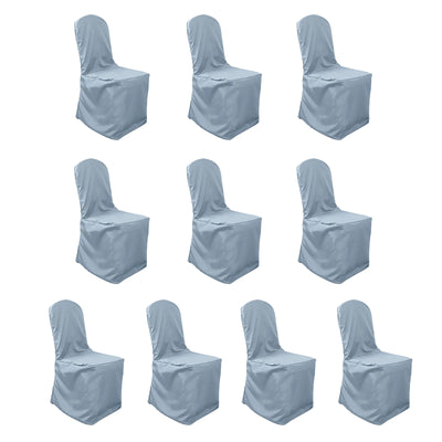 Ten blue chair covers on a white background.