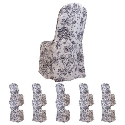 10 Pack Polyester Banquet Chair Covers – White Black French Toile Pattern, Reusable Stain-Resistant Slip-On Slipcovers