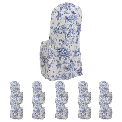 10 Pack Polyester Banquet Chair Covers – White Blue French Toile Pattern, Reusable Stain-Resistant Slip-On Slipcovers
