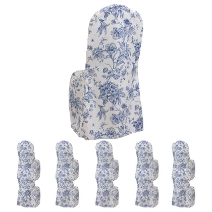 10 Pack Polyester Banquet Chair Covers – White Blue French Toile Pattern, Reusable Stain-Resistant Slip-On Slipcovers