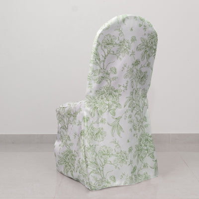 Floral patterned chair cover in green and white on a plain background.