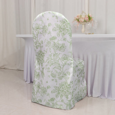 Floral patterned chair cover on a dining chair in a bright setting.