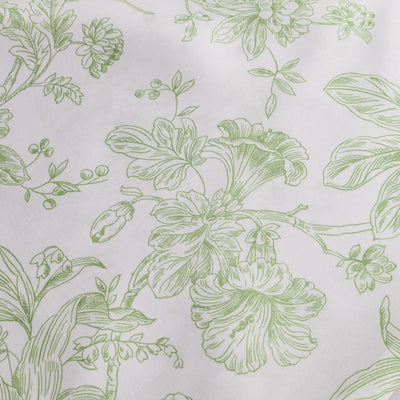 Green floral pattern on white fabric backdrop. #whtbkgd
