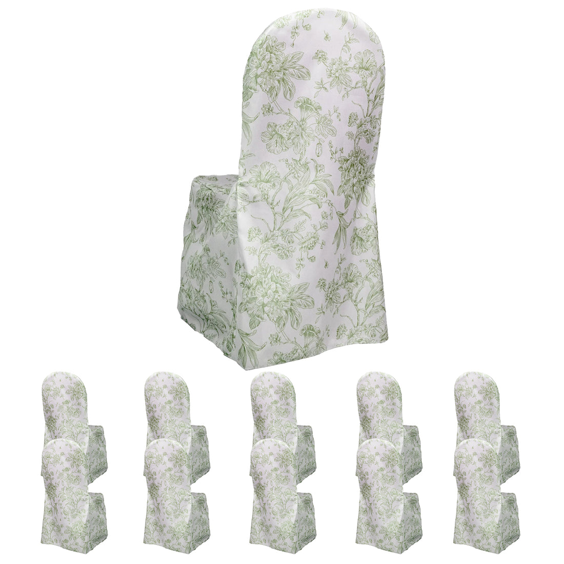 Set of eight floral patterned chair covers on a white background.
