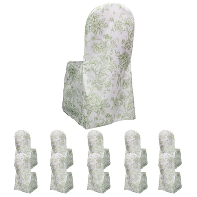 10 Pack Polyester Banquet Chair Covers – White Dusty Sage Green French Toile Pattern, Reusable Stain-Resistant Slip-On Slipcovers