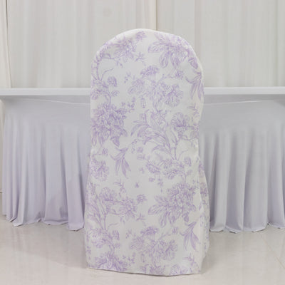 Floral-printed chair cover in lavender and white on a plain backdrop.