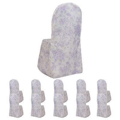 10 Pack Polyester Banquet Chair Covers – White Lavender Lilac French Toile Pattern, Reusable Stain-Resistant Slip-On Slipcovers