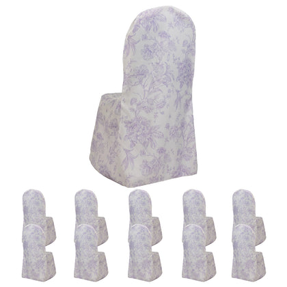 10 Pack Polyester Banquet Chair Covers – White Lavender Lilac French Toile Pattern, Reusable Stain-Resistant Slip-On Slipcovers