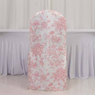Floral patterned chair cover in pink and white against a plain backdrop.