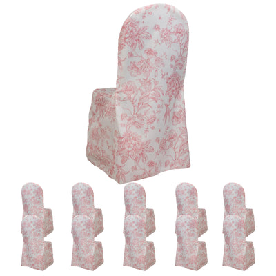 10 Pack Polyester Banquet Chair Covers – White Pink French Toile Pattern, Reusable Stain-Resistant Slip-On Slipcovers