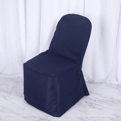 Navy blue chair cover on a plain backdrop for event decor