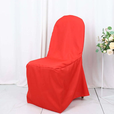 Red chair cover draped over a chair, perfect for events and decor.