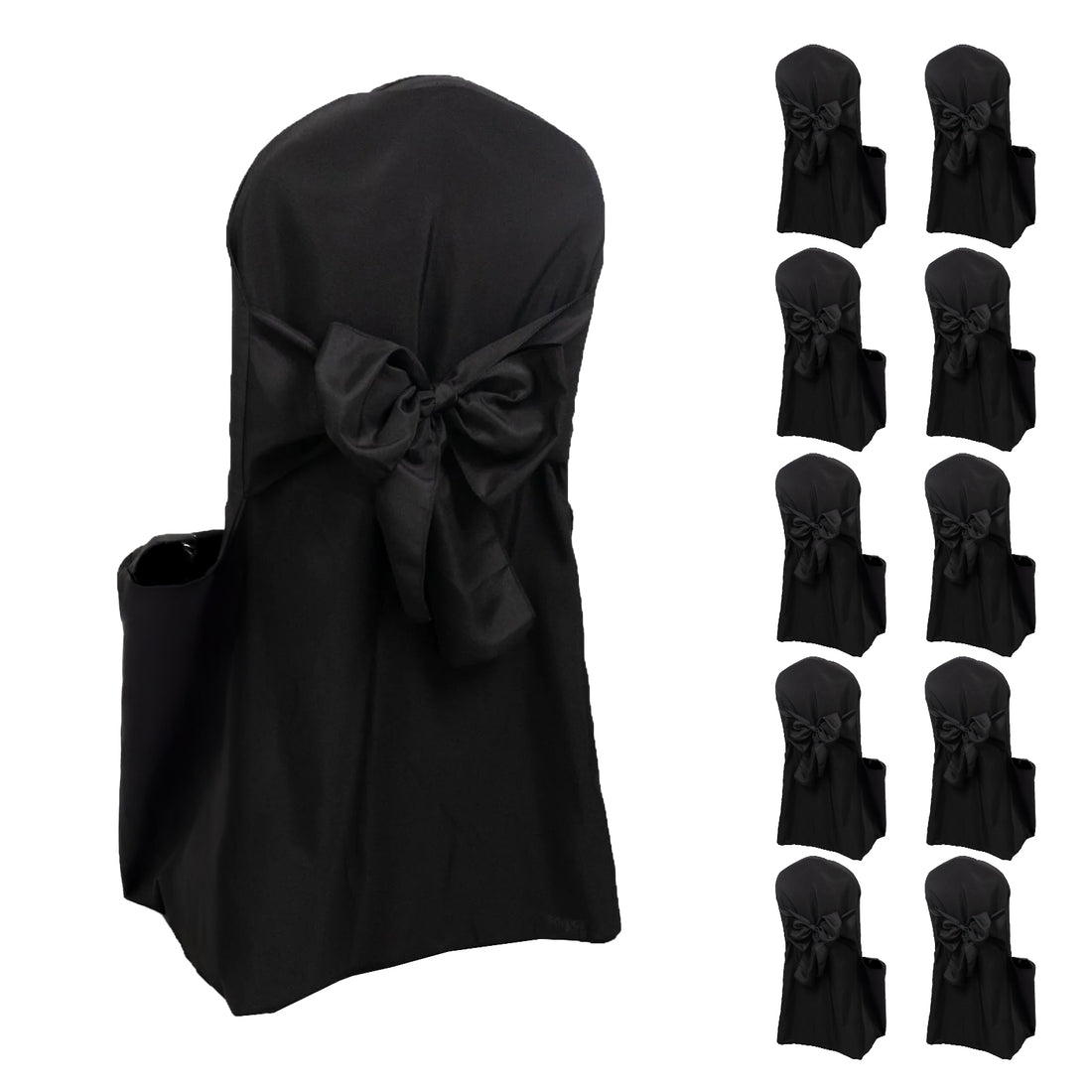 Black chair covers with bow tie detail, set of ten.