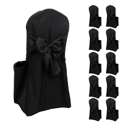 Black chair covers with bow tie detail, set of ten.