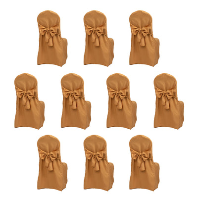 Set of ten mustard yellow chair covers with bows on a white background.