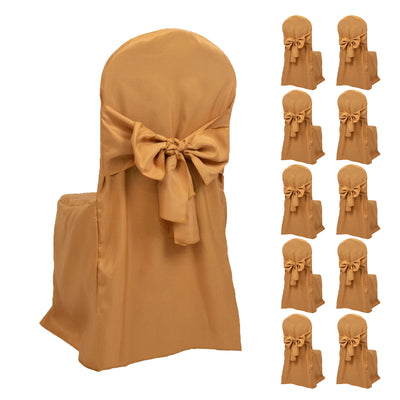 10-Pack Polyester Banquet Chair Covers with Attached Sashes – Gold Reusable Stain-Resistant Slip-On Covers for Wedding & Event Decor