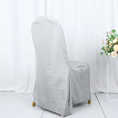 Gray chair cover with elegant design, suitable for events and dining spaces.