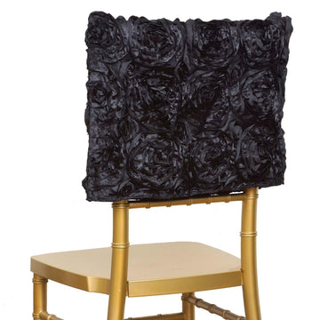 Create an Enchanting Atmosphere with Black Satin Rosette Chiavari Chair Caps