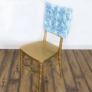 Elevate Your Event with Light Blue Satin Rosette Chiavari Chair Caps