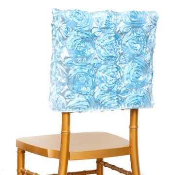 Create a Dreamy Atmosphere with Light Blue Satin Rosette Chair Back Covers